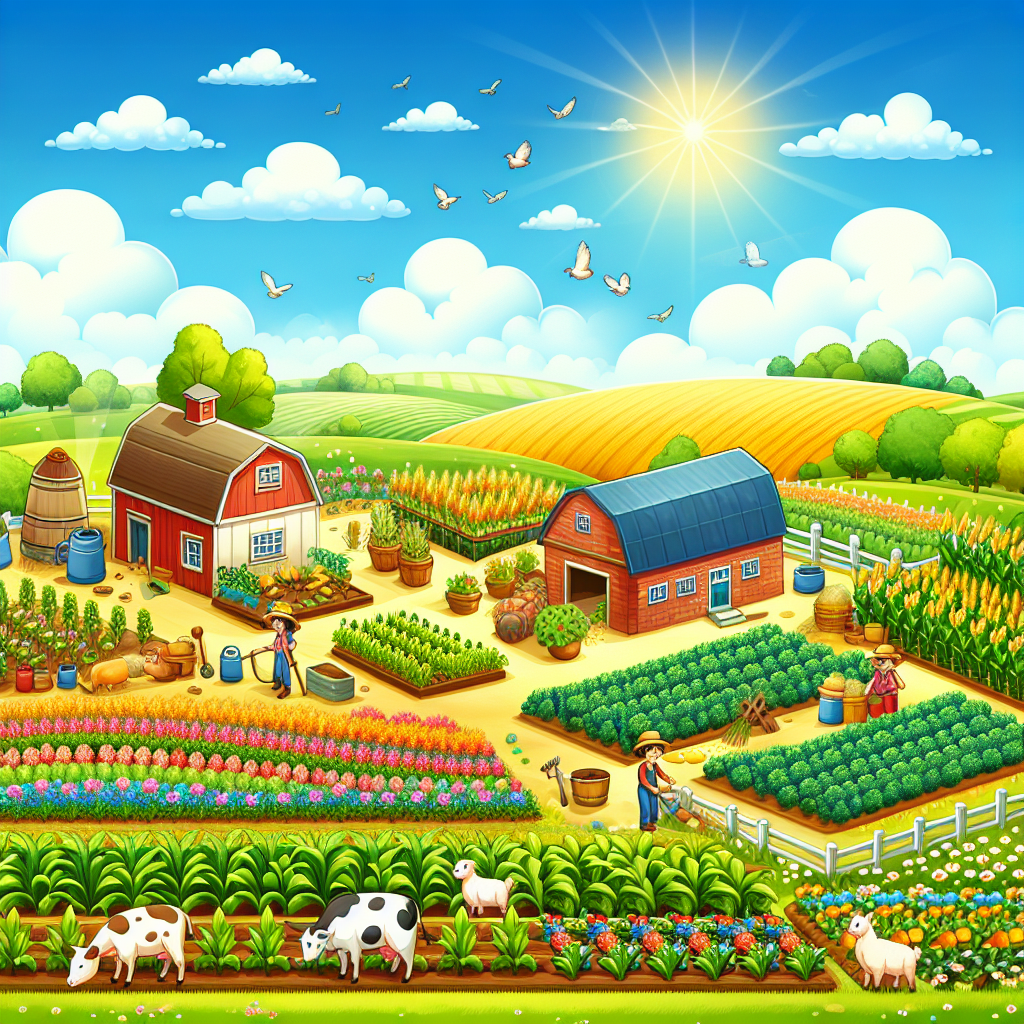 A vibrant and colorful farm scene with crops and animals